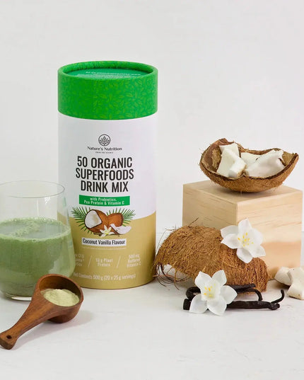 50 Organic Superfoods Drink Mix Coconut Vanilla Nature's Nutrition