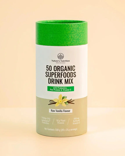 50 Organic Super Foods Drink Mix Raw Vanilla Nature's Nutrition
