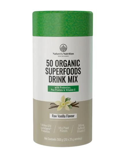 50 Organic Super Foods Drink Mix Raw Vanilla Nature's Nutrition